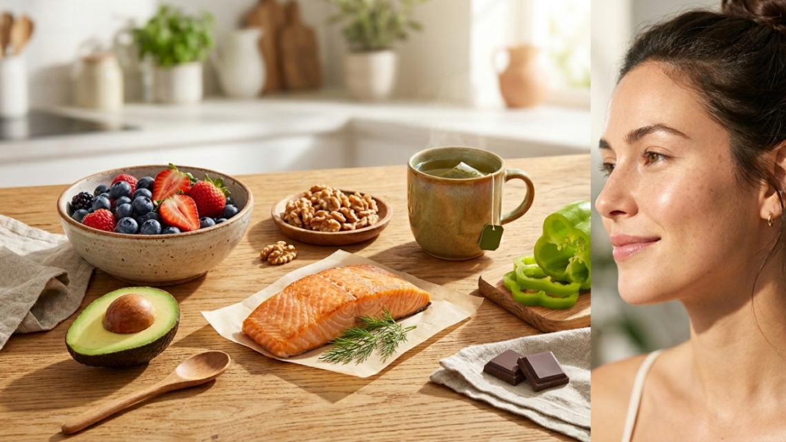 collage image with a rustic wooden table featuring skin-healthy foods including a bowl of berries, a plate of walnuts, a piece of salmon, half an avocado, and a woman's face on the right side. nutrition impacts skin health