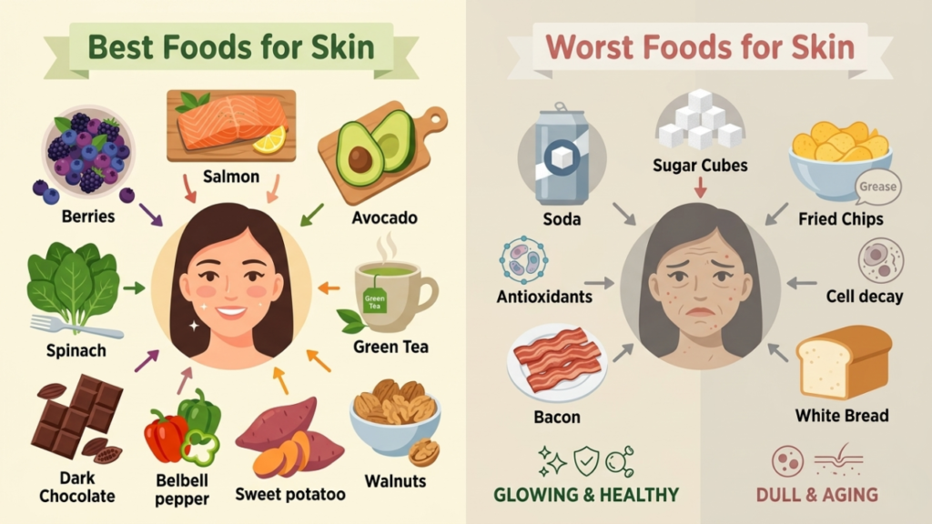 A clean modern infographic illustration in 16:9 horizontal format. Two sections side by side on a soft cream or light beige background. Left section labeled "Best Foods for Skin" with flat illustrations of blueberries, salmon, avocado, spinach, green tea cup, dark chocolate, bell peppers, sweet potato, and walnuts. Right section labeled "Worst Foods for Skin" with flat illustrations of a soda can, sugar cubes, fried chips, bacon, and white bread. Bright reds, deep greens, warm oranges, and purple tones on the left. Dull grays and muted tones on the right. Fresh vibrant and healthy mood. Minimal flat design style, wellness blog aesthetic. No photos. No logos. No watermarks.