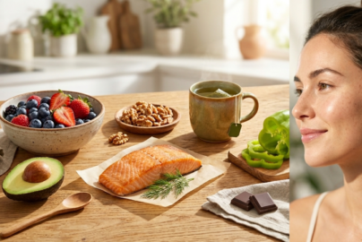 collage image with a rustic wooden table featuring skin-healthy foods including a bowl of berries, a plate of walnuts, a piece of salmon, half an avocado, and a woman's face on the right side. nutrition impacts skin health