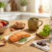 collage image with a rustic wooden table featuring skin-healthy foods including a bowl of berries, a plate of walnuts, a piece of salmon, half an avocado, and a woman's face on the right side. nutrition impacts skin health