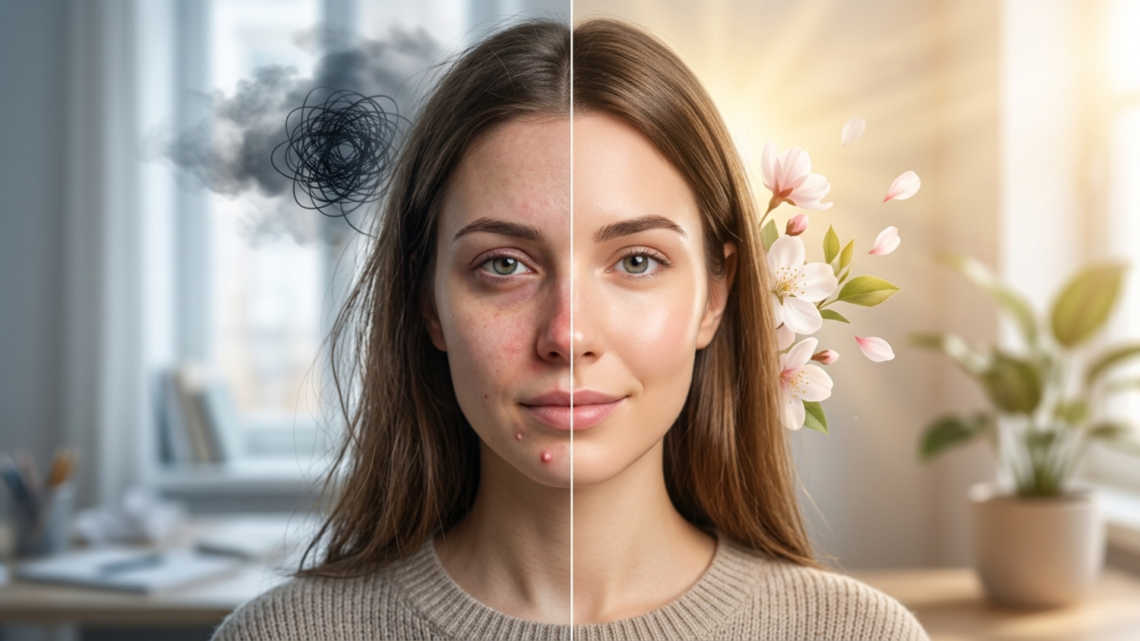 A side-by-side split image contrasting a stressed young woman on the left with a calm, glowing woman on the right. The left side features tired eyes, blemishes, redness, a dark cloud, and a tangled scribble against a cold background. The right side features bright eyes, clear skin, a healthy glow, blooming flowers, and warm sunlight against a peaceful background.
