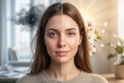A side-by-side split image contrasting a stressed young woman on the left with a calm, glowing woman on the right. The left side features tired eyes, blemishes, redness, a dark cloud, and a tangled scribble against a cold background. The right side features bright eyes, clear skin, a healthy glow, blooming flowers, and warm sunlight against a peaceful background.
