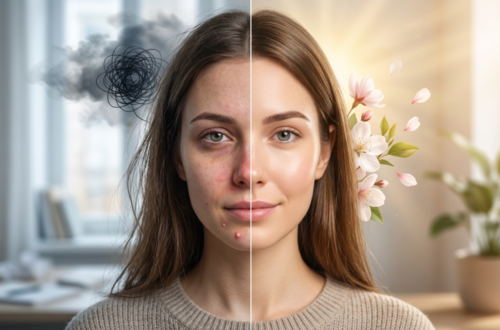 A side-by-side split image contrasting a stressed young woman on the left with a calm, glowing woman on the right. The left side features tired eyes, blemishes, redness, a dark cloud, and a tangled scribble against a cold background. The right side features bright eyes, clear skin, a healthy glow, blooming flowers, and warm sunlight against a peaceful background.