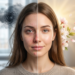 A side-by-side split image contrasting a stressed young woman on the left with a calm, glowing woman on the right. The left side features tired eyes, blemishes, redness, a dark cloud, and a tangled scribble against a cold background. The right side features bright eyes, clear skin, a healthy glow, blooming flowers, and warm sunlight against a peaceful background.