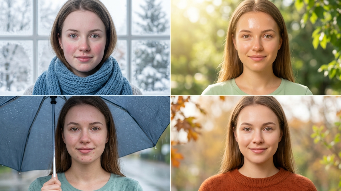 A four-panel grid photograph featuring the same young woman in four distinct seasonal settings. The top-left panel is a winter scene with snow visible through a window; she wears a heavy blue knit scarf and has visible skin redness. The top-right panel is a sunny summer scene; she is outdoors with bright sunlight and a natural skin glow. The bottom-left panel shows a rainy day; she holds a wet umbrella, and small skin blemishes are visible. The bottom-right panel is an autumn scene; she wears an orange sweater with warm fall leaves in the background, showing balanced, natural-looking skin.