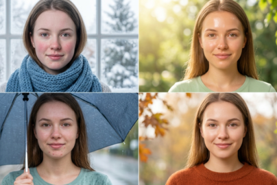 A four-panel grid photograph featuring the same young woman in four distinct seasonal settings. The top-left panel is a winter scene with snow visible through a window; she wears a heavy blue knit scarf and has visible skin redness. The top-right panel is a sunny summer scene; she is outdoors with bright sunlight and a natural skin glow. The bottom-left panel shows a rainy day; she holds a wet umbrella, and small skin blemishes are visible. The bottom-right panel is an autumn scene; she wears an orange sweater with warm fall leaves in the background, showing balanced, natural-looking skin.