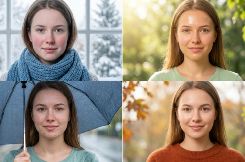 A four-panel grid photograph featuring the same young woman in four distinct seasonal settings. The top-left panel is a winter scene with snow visible through a window; she wears a heavy blue knit scarf and has visible skin redness. The top-right panel is a sunny summer scene; she is outdoors with bright sunlight and a natural skin glow. The bottom-left panel shows a rainy day; she holds a wet umbrella, and small skin blemishes are visible. The bottom-right panel is an autumn scene; she wears an orange sweater with warm fall leaves in the background, showing balanced, natural-looking skin.