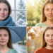 A four-panel grid photograph featuring the same young woman in four distinct seasonal settings. The top-left panel is a winter scene with snow visible through a window; she wears a heavy blue knit scarf and has visible skin redness. The top-right panel is a sunny summer scene; she is outdoors with bright sunlight and a natural skin glow. The bottom-left panel shows a rainy day; she holds a wet umbrella, and small skin blemishes are visible. The bottom-right panel is an autumn scene; she wears an orange sweater with warm fall leaves in the background, showing balanced, natural-looking skin.