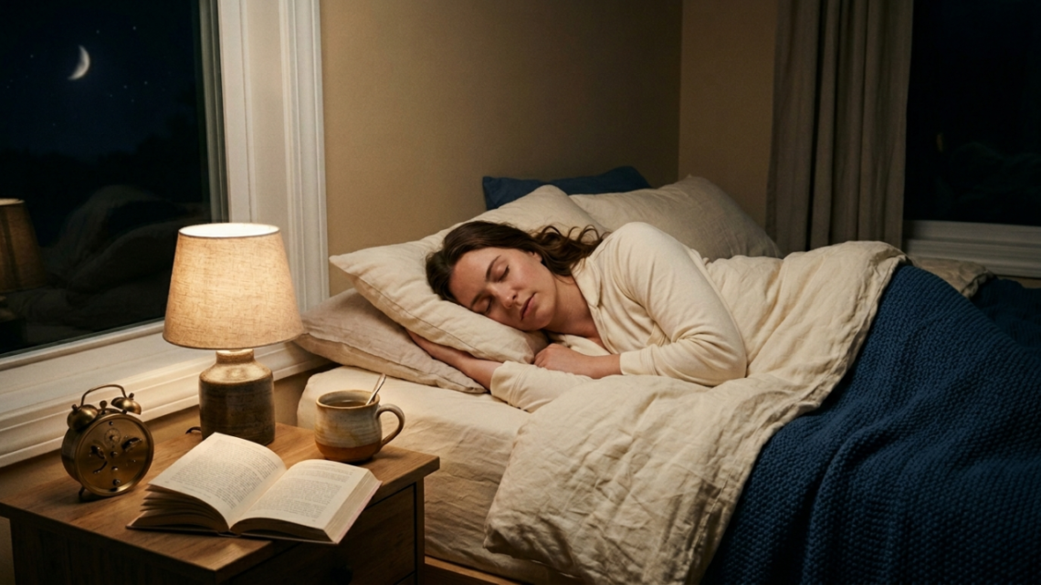 A peaceful, realistic lifestyle photograph of a woman sleeping peacefully in a cozy bed. She is wearing cream-colored pajamas and lies under a matching cream duvet with a deep blue knit blanket layered at the foot of the bed. Her eyes are closed, and her expression is relaxed. Next to the bed, a wooden nightstand holds an open book, a warm ceramic mug of tea, a vintage-style alarm clock, and a small bedside lamp that casts a warm, soft glow across the scene. A large window behind the bed looks out onto a dark night sky with a visible crescent moon, enhancing the quiet, sleep-inducing atmosphere of the room."