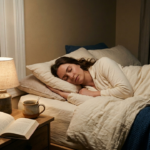 A peaceful, realistic lifestyle photograph of a woman sleeping peacefully in a cozy bed. She is wearing cream-colored pajamas and lies under a matching cream duvet with a deep blue knit blanket layered at the foot of the bed. Her eyes are closed, and her expression is relaxed. Next to the bed, a wooden nightstand holds an open book, a warm ceramic mug of tea, a vintage-style alarm clock, and a small bedside lamp that casts a warm, soft glow across the scene. A large window behind the bed looks out onto a dark night sky with a visible crescent moon, enhancing the quiet, sleep-inducing atmosphere of the room."