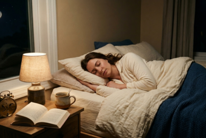 A peaceful, realistic lifestyle photograph of a woman sleeping peacefully in a cozy bed. She is wearing cream-colored pajamas and lies under a matching cream duvet with a deep blue knit blanket layered at the foot of the bed. Her eyes are closed, and her expression is relaxed. Next to the bed, a wooden nightstand holds an open book, a warm ceramic mug of tea, a vintage-style alarm clock, and a small bedside lamp that casts a warm, soft glow across the scene. A large window behind the bed looks out onto a dark night sky with a visible crescent moon, enhancing the quiet, sleep-inducing atmosphere of the room."