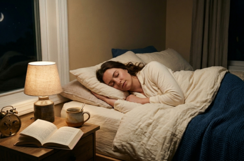 A peaceful, realistic lifestyle photograph of a woman sleeping peacefully in a cozy bed. She is wearing cream-colored pajamas and lies under a matching cream duvet with a deep blue knit blanket layered at the foot of the bed. Her eyes are closed, and her expression is relaxed. Next to the bed, a wooden nightstand holds an open book, a warm ceramic mug of tea, a vintage-style alarm clock, and a small bedside lamp that casts a warm, soft glow across the scene. A large window behind the bed looks out onto a dark night sky with a visible crescent moon, enhancing the quiet, sleep-inducing atmosphere of the room."