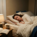 A peaceful, realistic lifestyle photograph of a woman sleeping peacefully in a cozy bed. She is wearing cream-colored pajamas and lies under a matching cream duvet with a deep blue knit blanket layered at the foot of the bed. Her eyes are closed, and her expression is relaxed. Next to the bed, a wooden nightstand holds an open book, a warm ceramic mug of tea, a vintage-style alarm clock, and a small bedside lamp that casts a warm, soft glow across the scene. A large window behind the bed looks out onto a dark night sky with a visible crescent moon, enhancing the quiet, sleep-inducing atmosphere of the room."