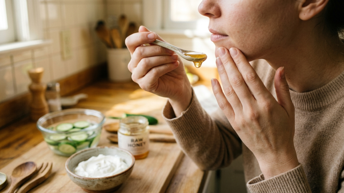 A close-up photograph of a woman applying a natural skincare treatment in her kitchen (`3094322938290813407.jpeg`). She wears a beige knit sweater and holds a ceramic spoon with dripping golden honey up to her chin, while her other hand gently touches her face. The wooden countertop in the blurred background features a jar labeled "RAW HONEY," a bowl of white yogurt, and a glass bowl filled with sliced cucumbers in water, creating a warm and rustic atmosphere.