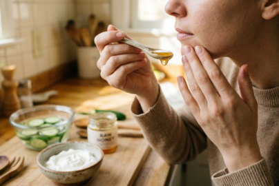 A close-up photograph of a woman applying a natural skincare treatment in her kitchen (`3094322938290813407.jpeg`). She wears a beige knit sweater and holds a ceramic spoon with dripping golden honey up to her chin, while her other hand gently touches her face. The wooden countertop in the blurred background features a jar labeled "RAW HONEY," a bowl of white yogurt, and a glass bowl filled with sliced cucumbers in water, creating a warm and rustic atmosphere.