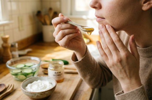 A close-up photograph of a woman applying a natural skincare treatment in her kitchen (`3094322938290813407.jpeg`). She wears a beige knit sweater and holds a ceramic spoon with dripping golden honey up to her chin, while her other hand gently touches her face. The wooden countertop in the blurred background features a jar labeled "RAW HONEY," a bowl of white yogurt, and a glass bowl filled with sliced cucumbers in water, creating a warm and rustic atmosphere.