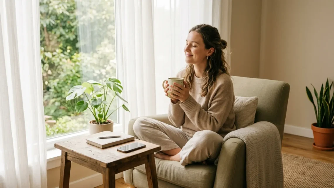 A photorealistic, wide 16:9 blog header image featuring a young woman sitting cross-legged in a cozy sage green armchair by a bright, sunny window with soft white curtains. She has her eyes closed with a peaceful smile, holding a warm ceramic mug with both hands. On a rustic wooden side table next to her, a notebook, pen, and a smartphone placed face-down suggest a moment of digital detox. The room is decorated in calming warm beige tones with green houseplants, creating a serene and minimalist atmosphere.