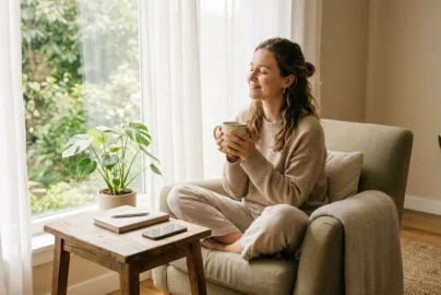 A photorealistic, wide 16:9 blog header image featuring a young woman sitting cross-legged in a cozy sage green armchair by a bright, sunny window with soft white curtains. She has her eyes closed with a peaceful smile, holding a warm ceramic mug with both hands. On a rustic wooden side table next to her, a notebook, pen, and a smartphone placed face-down suggest a moment of digital detox. The room is decorated in calming warm beige tones with green houseplants, creating a serene and minimalist atmosphere.