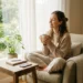 A photorealistic, wide 16:9 blog header image featuring a young woman sitting cross-legged in a cozy sage green armchair by a bright, sunny window with soft white curtains. She has her eyes closed with a peaceful smile, holding a warm ceramic mug with both hands. On a rustic wooden side table next to her, a notebook, pen, and a smartphone placed face-down suggest a moment of digital detox. The room is decorated in calming warm beige tones with green houseplants, creating a serene and minimalist atmosphere.