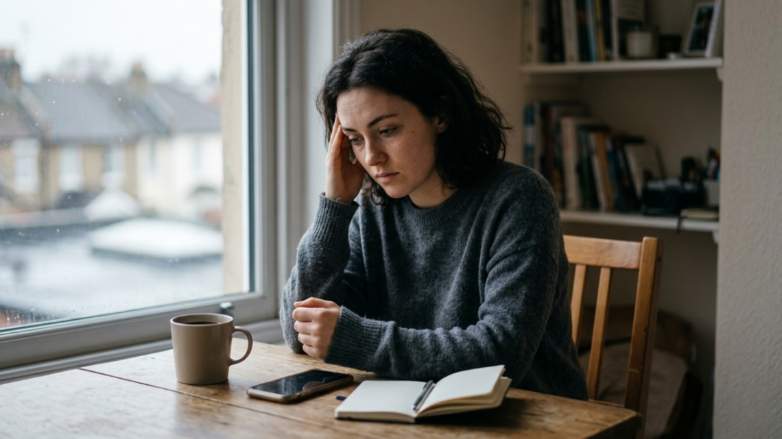 A candid photograph shows a young woman with dark, curly hair and freckles, wearing a textured grey knit sweater, sitting at a rustic wooden table next to a large window on an overcast day. Her gaze is downward and pensive, and she is resting her right hand against her temple, suggesting weariness or stress. In front of her on the table are a patterned blue and white ceramic mug filled with a dark beverage, a smartphone, and an open notebook with a pen. The background, including a cluttered bookshelf and a view of a street, is blurred.