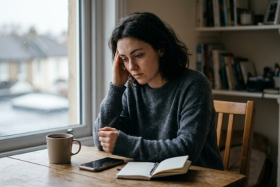 A candid photograph shows a young woman with dark, curly hair and freckles, wearing a textured grey knit sweater, sitting at a rustic wooden table next to a large window on an overcast day. Her gaze is downward and pensive, and she is resting her right hand against her temple, suggesting weariness or stress. In front of her on the table are a patterned blue and white ceramic mug filled with a dark beverage, a smartphone, and an open notebook with a pen. The background, including a cluttered bookshelf and a view of a street, is blurred.