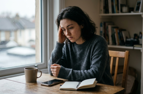 A candid photograph shows a young woman with dark, curly hair and freckles, wearing a textured grey knit sweater, sitting at a rustic wooden table next to a large window on an overcast day. Her gaze is downward and pensive, and she is resting her right hand against her temple, suggesting weariness or stress. In front of her on the table are a patterned blue and white ceramic mug filled with a dark beverage, a smartphone, and an open notebook with a pen. The background, including a cluttered bookshelf and a view of a street, is blurred.