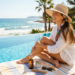 A smiling woman sits cross-legged on a striped towel by an infinity pool overlooking the ocean on a bright, sunny day. She is wearing a wide-brimmed straw hat with a colorful scarf tied around it, a white long-sleeve linen shirt, and small gold hoop earrings. Laid out on the towel in front of her are summer self-care essentials: an amber glass spray bottle, a small jar, a wooden wide-tooth comb, tortoiseshell sunglasses, and a tube of cream. The background features a pristine blue sea, a rocky coastline, and tropical palm trees under a clear blue sky.