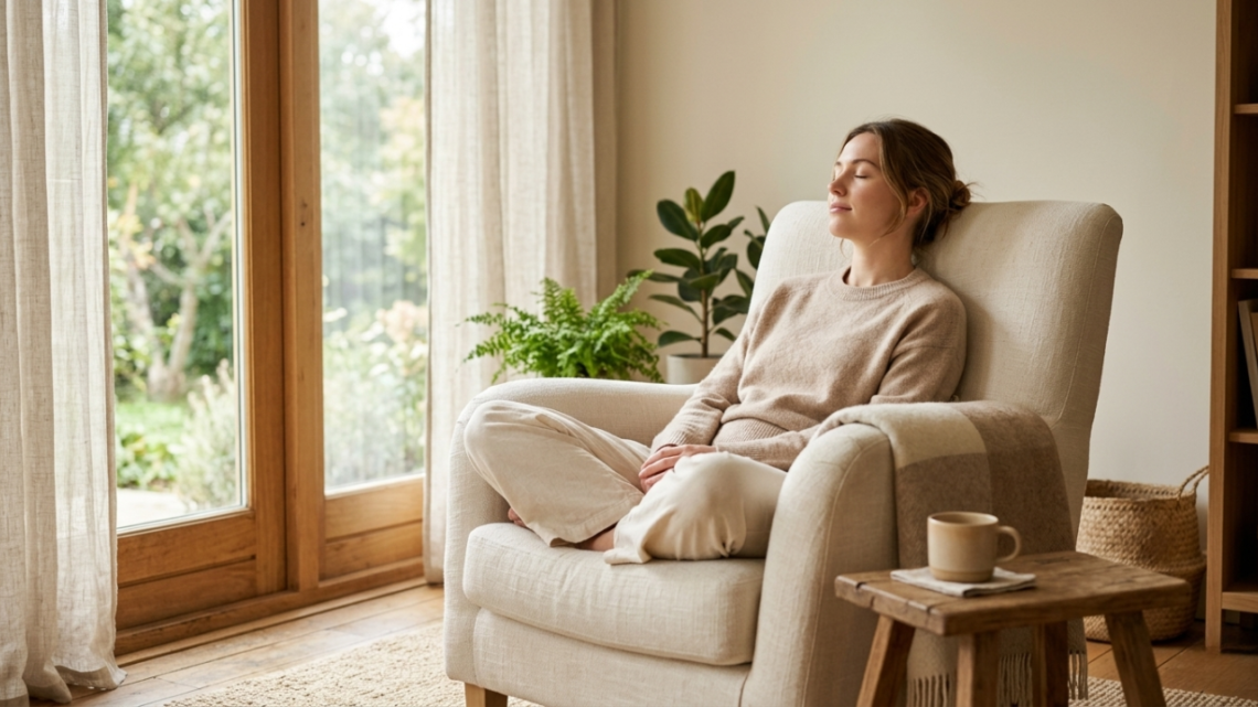 woman practicing self-care without spending money by sitting quietly and breathi