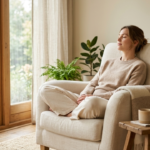 woman practicing self-care without spending money by sitting quietly and breathi