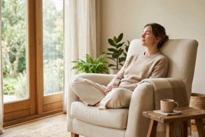 woman practicing self-care without spending money by sitting quietly and breathi