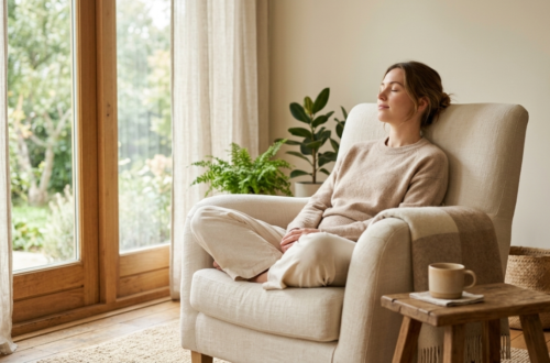 woman practicing self-care without spending money by sitting quietly and breathi